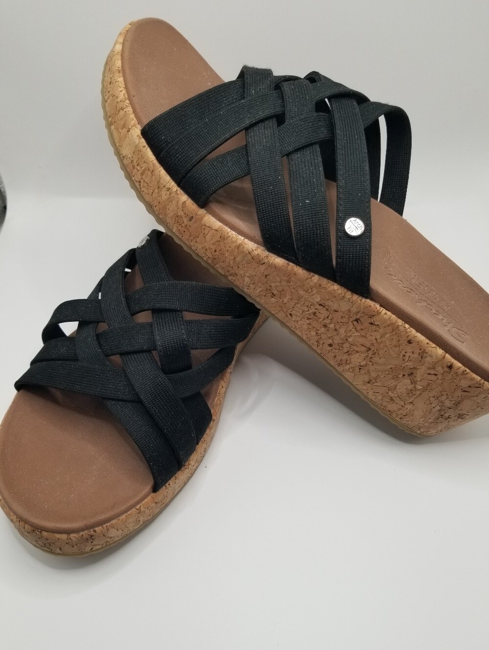 Skechers ArchFit Black Crossover Strap Cork Wedge Slide Sandals Size 8